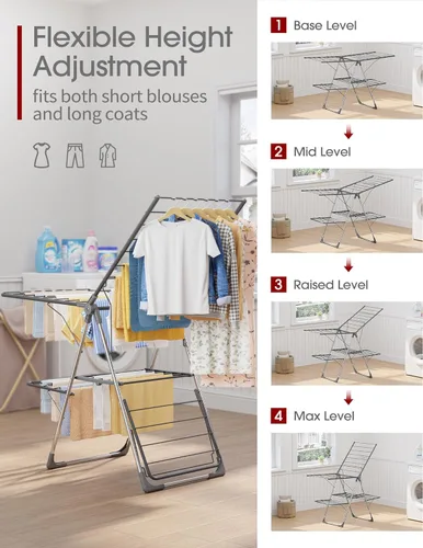 Miniatura 5 de Sakugi Escurridor de ropa, plegable de 2 niveles con alas ajustables en altura, para ropa y ropa de cama, estante independiente que ahorra espacio