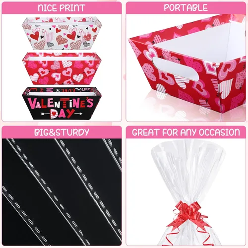 Miniatura 3 de Tatuo Juego de 12 cestas de San Valentín para regalos vacías con bolsas de celofán, bandeja de mercado de corazón de San Valentín, lazos, kit