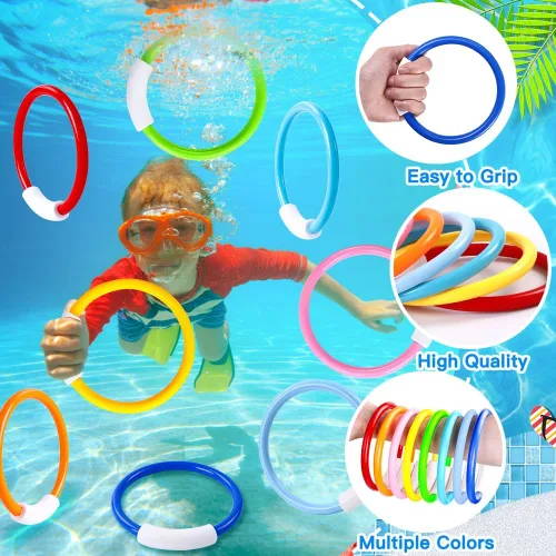Miniatura 4 de Vellibring 8 piezas de juguetes de natación de buceo en la piscina, coloridos juguetes de entrenamiento subacuático hundimiento lanzando anillos