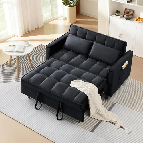 Miniatura 8 de CAPCAEK - Sofá cama convertible 3 en 1, sofá biplaza de terciopelo moderno con cama extraíble, sofá de salón pequeño con respaldo reclinable, negro