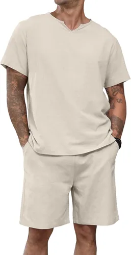 Lexiart Conjunto de 2 piezas de algodón y lino para hombre, camisa de manga corta con cuello en V, pantalones cortos de playa, trajes de yoga de