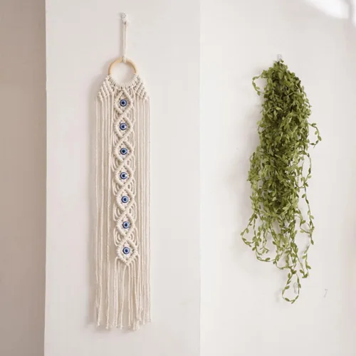 Miniatura 3 de ARTIBETTER Tapiz tejido a mano con ojos azules, tapiz de madera, ojo de diablo, borla colgante, decoración de habitación de bebé para el hogar