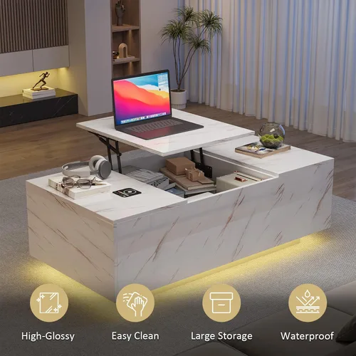 Miniatura 7 de Mesa de centro LED, mesas de centro elevables de 47.2 pulgadas con cajones y gran almacenamiento, mesa inteligente para sala de estar con carga