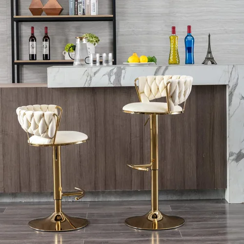 Miniatura 9 de Juego de 2 taburetes de bar tejidos de terciopelo, taburetes de cocina de altura ajustable, silla de isla, sillas de bar giratorias de 360°, chasis