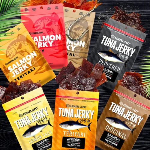 Miniatura 4 de Kaimana Jerky Ahi - Paquete de muestra de atún y salmón - Cecina de pescado totalmente natural y capturada en la naturaleza. Fabricado en Estados