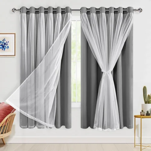 Miniatura 80 de Hiasan Cortinas opacas con superposición transparente, aislamiento térmico para mezclar y combinar de doble capa, cortinas de oscurecimiento de Beige