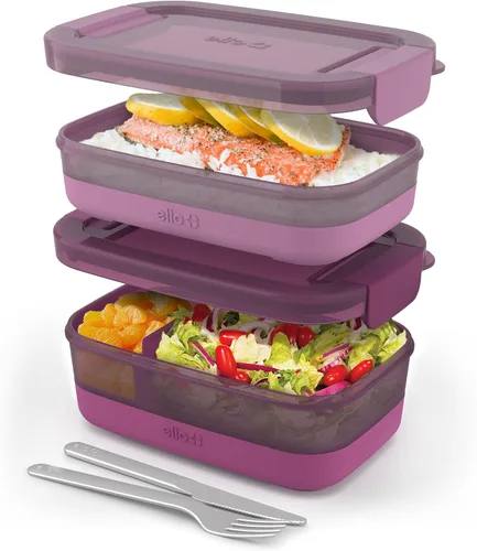 Miniatura 10 de Ello Juego de 2 contenedores de almacenamiento de alimentos de plástico para lonchera, tipo Bento, con tapas de plástico herméticas, a prueba