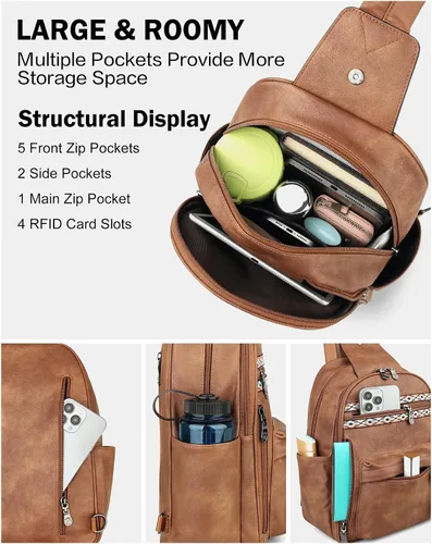 Miniatura 6 de FADEON Bolso bandolera grande para mujer, bolso cruzado de cuero de diseñador antirrobo, riñoneras RFID para viajes