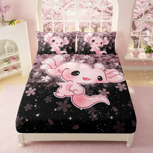 QOOMO Ropa de cama Kawaii Axolotl para niños y niñas, diseño de flor de cerezo rosa, juego de ropa de cama súper suave para niños, con estrellas