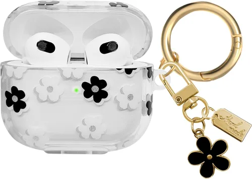 Funda compatible con AirPods 3 2021, TPU suave con bonito patrón de flores para AirPods de 3ª generación con llavero de flores y mosquetón para Negro