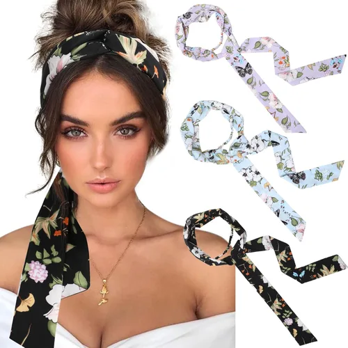Miniatura 9 de AWAYTR Diademas de gasa con trenzado largo para mujer - 3 unidades, envolturas cruzadas para cabello grueso (Negro+Beige+Jaque)