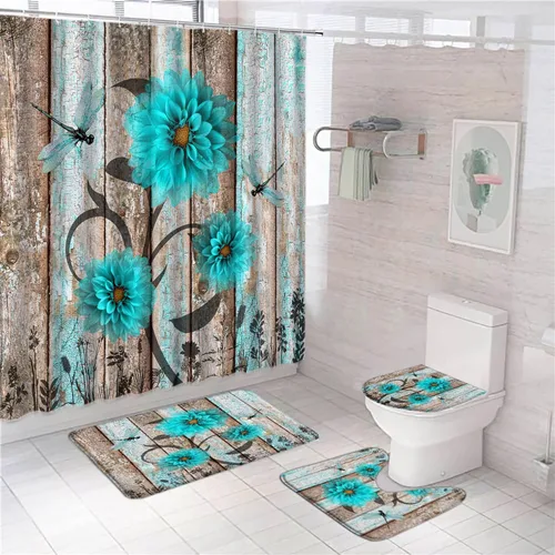 Miniatura 6 de 4Pcs Rustic Wooden Blue Dahlia Floral Flower Dragonfly Shower Curtain Set with Bath Mat Barnwood Old Garage Door American Country Farmhouse Decor