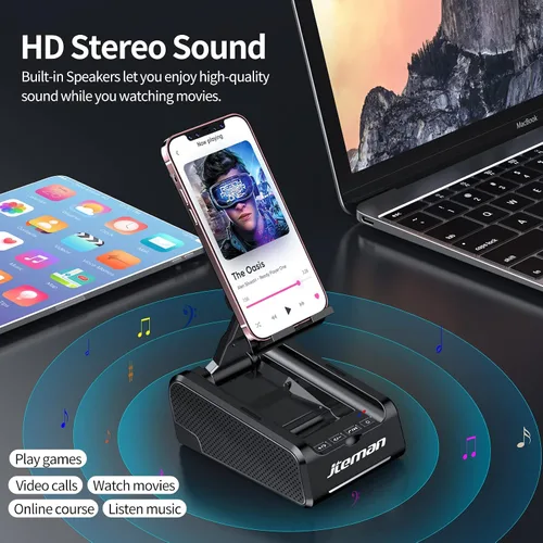 Miniatura 4 de JTEMAN Soporte para teléfono celular con altavoz Bluetooth, soporte para gadgets de cocina de escritorio con altavoz, regalos de cumpleaños