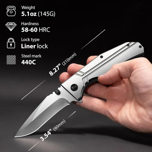 Miniatura 3 de Navaja de bolsillo para hombres y mujeres - Hoja plegable afilada de 3.5" con mango de aluminio y clip de bolsillo - Elegantes navajas grises