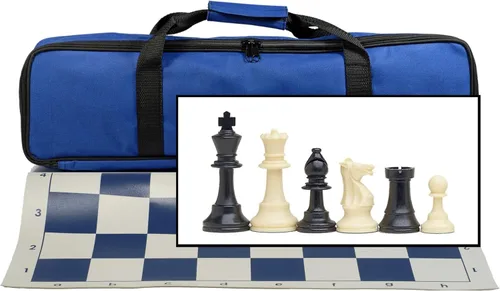 WE Games Juego de ajedrez de viaje para torneos en azul eléctrico, tablero de ajedrez de vinilo enrollable de 20 pulgadas, 34 piezas de ajedrez con