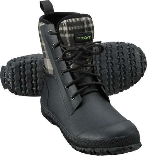 TIDEWE Botas de goma para mujer, botas de lluvia con cordones con vástago de acero, botas de caza impermeables de media pantorrilla con forro polar,