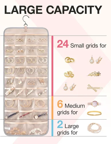 Miniatura 3 de BAGSMART Organizador de joyas colgante rollo de almacenamiento con ganchos de metal de doble cara para aretes, collares, anillos en el armario, Gris