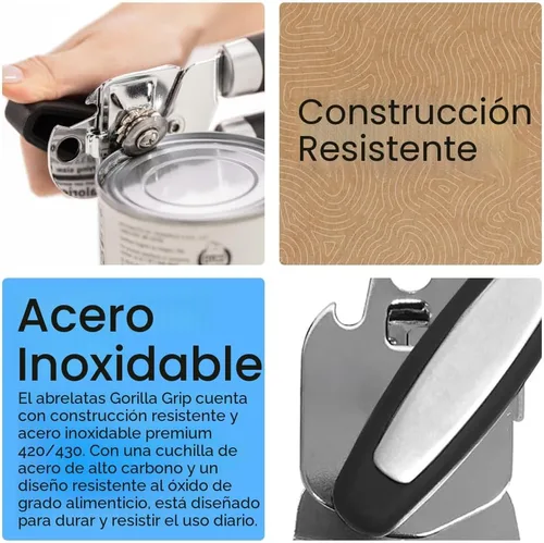 Miniatura 3 de Abridor de latas manual de acero inoxidable resistente de borde suave GORILLA GRIP, mango suave y cómodo, perilla giratoria grande de mano, Negro