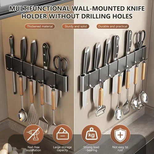 Miniatura 5 de Colgador de utensilios de cocina: soporte para colgar en pared, 7 ganchos, sin taladrar para cocina, despensa, baño, sala de estar de 15.75 pulgadas