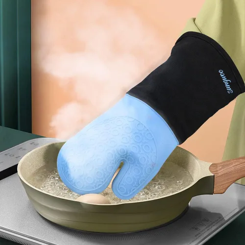 Miniatura 7 de sungwoo Guantes de horno de silicona extralargos, resistentes al calor, con forro acolchado, agarre texturizado antideslizante, perfectos para Azul