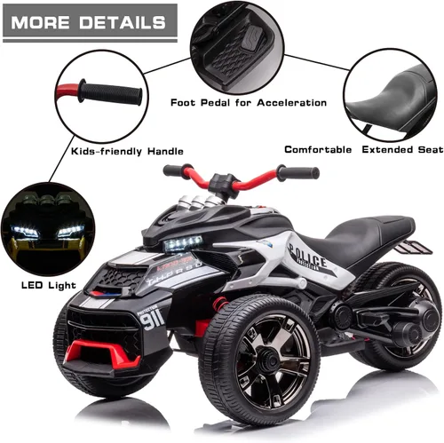 Miniatura 5 de POSTACK Moto de policía para niños de 24 V, vehículo eléctrico con batería de 3 ruedas para niños y niñas, vehículo de paseo con luces LED, música