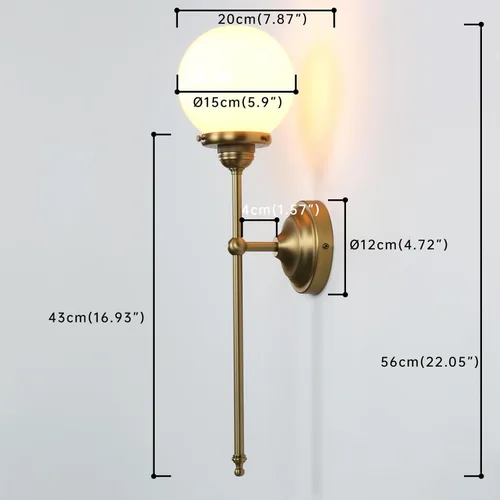Miniatura 5 de Lámpara de pared industrial vintage, pantalla de globo de vidrio blanco lechoso con brazo largo, lámpara de pared de latón antiguo, lámpara de pared