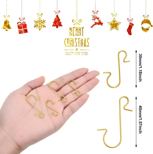 Miniatura 2 de Hotop 200 ganchos dorados para adornos de Navidad, 1.18 pulgadas, 1.57 pulgadas, ganchos de alambre de metal para árbol de Navidad con caja