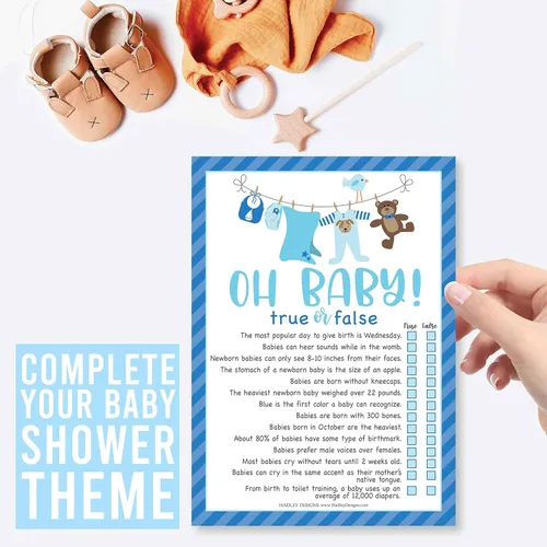 Miniatura 9 de Hadley Designs Juegos de baby shower para 25 invitados – Juego de ropa azul para baby shower, juego de baby shower verdadero o falso, juego