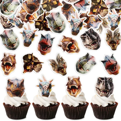 Miniatura 10 de Ercadio Paquete de 32 adornos para cupcakes de dinosaurios de dibujos animados, lindos dinosaurios para bebé, temática de dinosaurio, baby shower