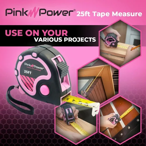 Miniatura 4 de Pink Power Cinta métrica rosa de 25 pies, cinta métrica para mujer, kit de herramientas con hoja retráctil y botón de bloqueo, kit de medición