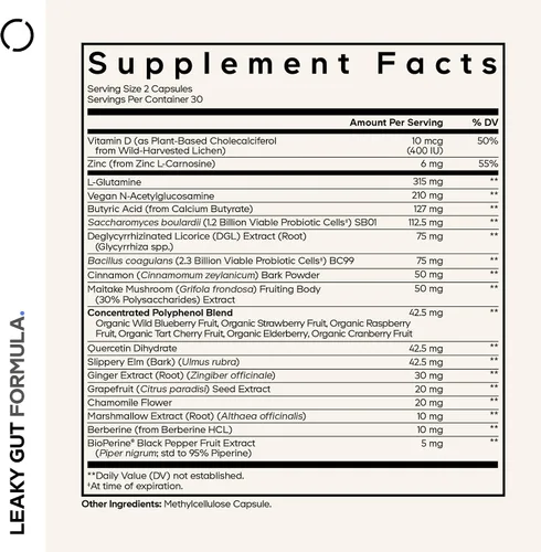 Miniatura 2 de Codeage - Suplemento para intestino permeable, L-Glutamina, N-Acetilglucosamina, Probiótico, Ácido Butírico, Polifenoles, Quercetina, DGL, Raíz