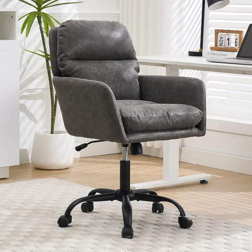 Miniatura 10 de XIFAN - Silla de oficina de piel sintética con asiento acolchado grueso, giratorio de 360°, silla de escritorio ajustable en altura con base