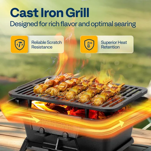 Miniatura 3 de VIVOHOME Parrilla de carbón rectangular de hierro fundido con rejilla de doble cara, parrilla de barbacoa portátil al aire libre, estufa de mesa