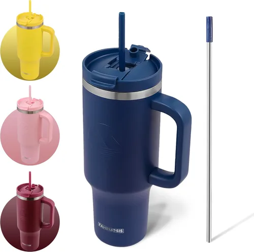 Miniatura 21 de FAHRMOSIS Vaso de 40 onzas con asa y pajita, taza aislada que cabe en el portavasos para bebidas frías y calientes, vaso a prueba de fugas