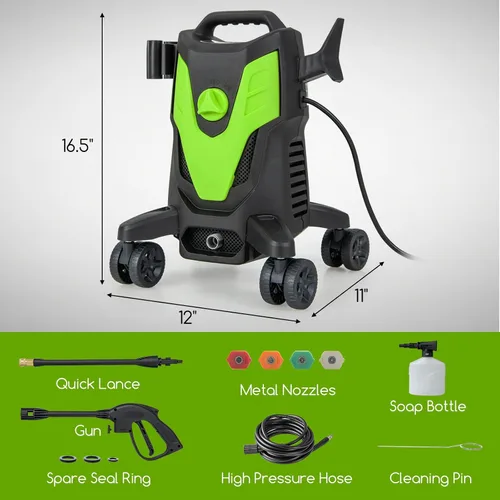 Miniatura 7 de Goplus Lavadora a presión eléctrica, 2400 PSI 1.7 GPM Lavadora de alta presión con 4 boquillas rápidas y ruedas universales, lavadora a presión