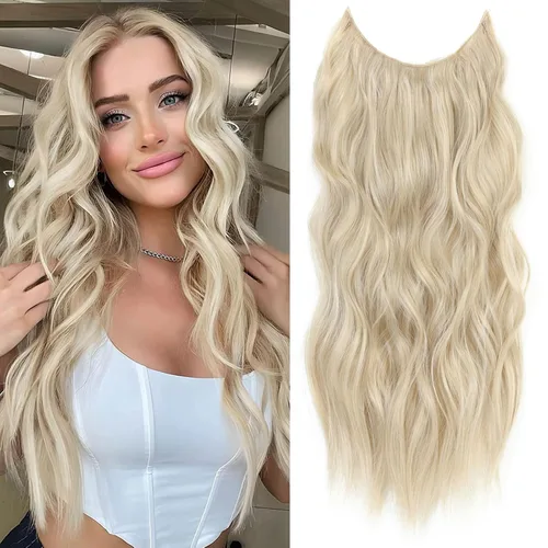 Miniatura 21 de Extensiones de cabello con halo de 12 pulgadas con alambre invisible, cabello largo ondulado ajustable, sintético, mejora con 4 clips de seguridad