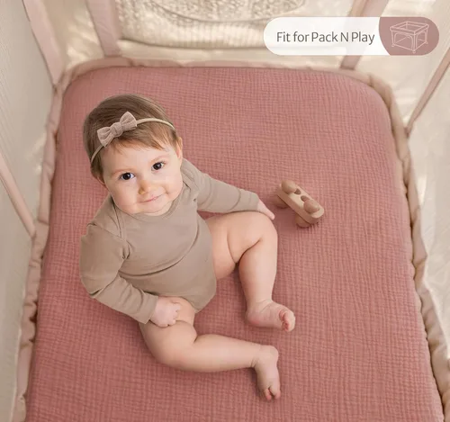 Miniatura 5 de Blissful Diary Sábanas de Muselina para Mini Cuna, Sábanas Ajustables de Colchón para Corralito Pack N Play, Algodón Suave para Niños y Niñas, Rosa