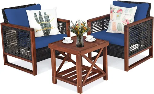 Miniatura 12 de Tangkula Juego de muebles de mimbre de 3 piezas, juego de sofá de ratán para exteriores con cojín lavable y mesa de centro de madera de acacia, Rojo
