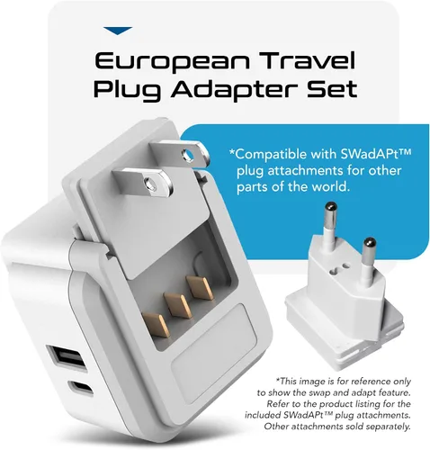 Miniatura 6 de Ceptics Juego de adaptadores de viaje de enchufe europeo, 20 W PD y control de calidad, USB dual seguro y USB-C - 2 enchufes de EE. UU. - Compacto