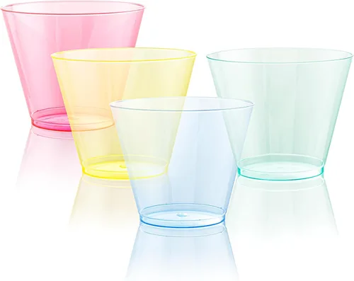 WDF Paquete de 200 vasos de plástico desechables de colores, incluye 50 vasos de plástico de color rosa, azul, verde, amarillo, coloridos para