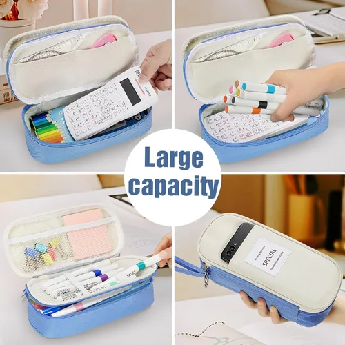 Miniatura 3 de KMUYSL Estuche grande para lápices, bolsa grande para lápices con 3 compartimentos, organizador de mano para bolígrafos con cremallera, bolsa