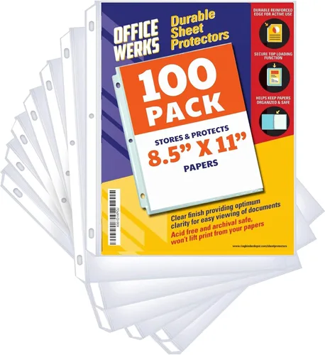 Paquete de 100 protectores de hojas transparentes, 8.5 x 11 pulgadas, duraderos, de carga superior, agujeros reforzados, sin ácidos / caja fuerte