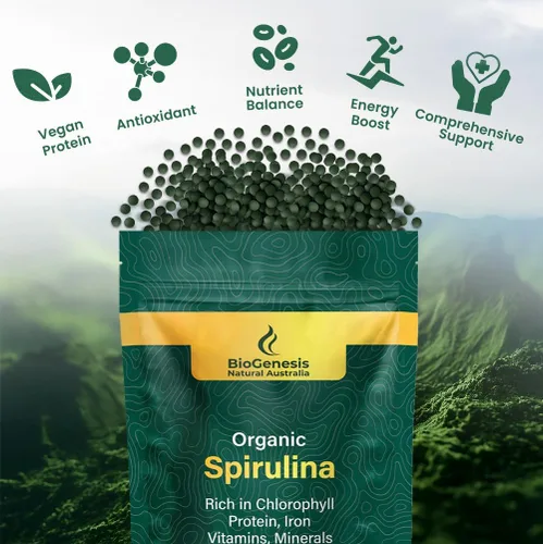Miniatura 3 de Biogenesis Mini tabletas de espirulina orgánica, 300 unidades (200 mg) Algas azul-verdes cultivadas en Australia Ricas en ficocianina, clorofila