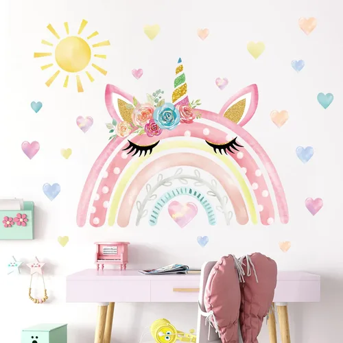 Miniatura 3 de wondever Calcomanías de pared grandes con diseño de arco iris de acuarela, diseño de unicornio y corazones de arco iris, calcomanías de arte