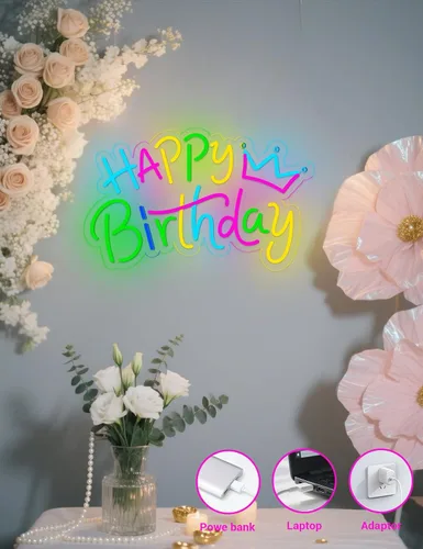 Miniatura 3 de Letrero de neón de feliz cumpleaños para decoración de fondo, letrero LED con luz de feliz cumpleaños para telón de fondo de fiesta con alimentación
