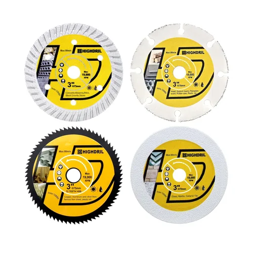 Miniatura 11 de HIGHDRIL Juego de hojas de sierra circular de 3" 75mm, 4 piezas - Disco de corte de diamante/HSS/TCT para amoladora angular para cortar metal