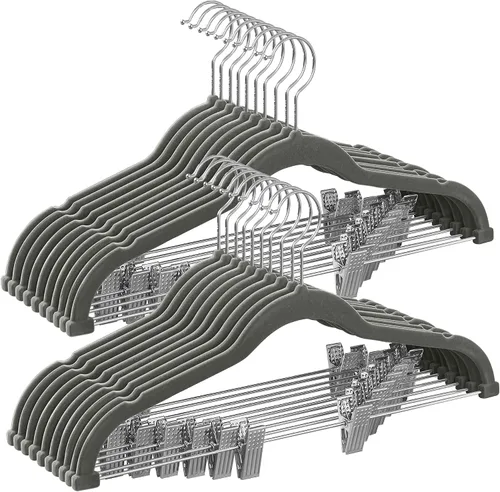 Miniatura 18 de SONGMICS Paquete de 20 perchas para pantalones, perchas de terciopelo de 16.7 pulgadas de largo con clips ajustables, perchas resistentes