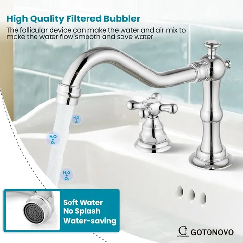 Miniatura 6 de gotonovo Grifo de baño de 3 orificios de 8 pulgadas de separación amplia, grifo de lavabo de baño con 2 manijas cruzadas, grifo mezclador vintage