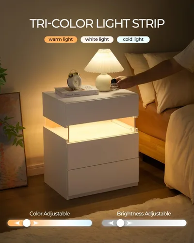Miniatura 7 de Bingoday Moderna mesita de noche LED con 3 cajones, mesita de noche con luces LED ajustables, mesa auxiliar de almacenamiento grande para Blanco