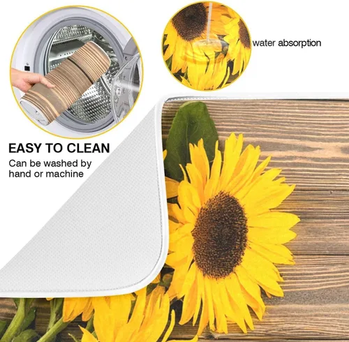 Miniatura 2 de Tapete de secado de platos, girasoles en madera, tapete de secado reversible absorbente de flores, tapete de secado de platos, tapete para secar